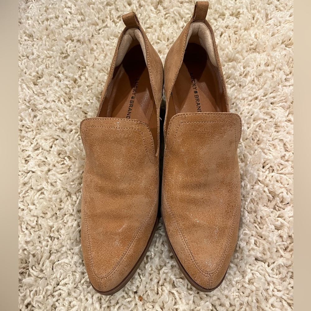 Lucky Brand tan suede booties. Leather upper slight heel size 9us/40eu